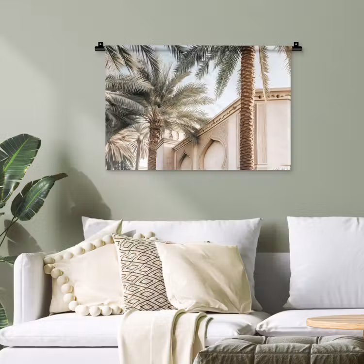 Gebouw - Palmbomen - Beige - Zon Wandkleed katoen klein -sfeer7