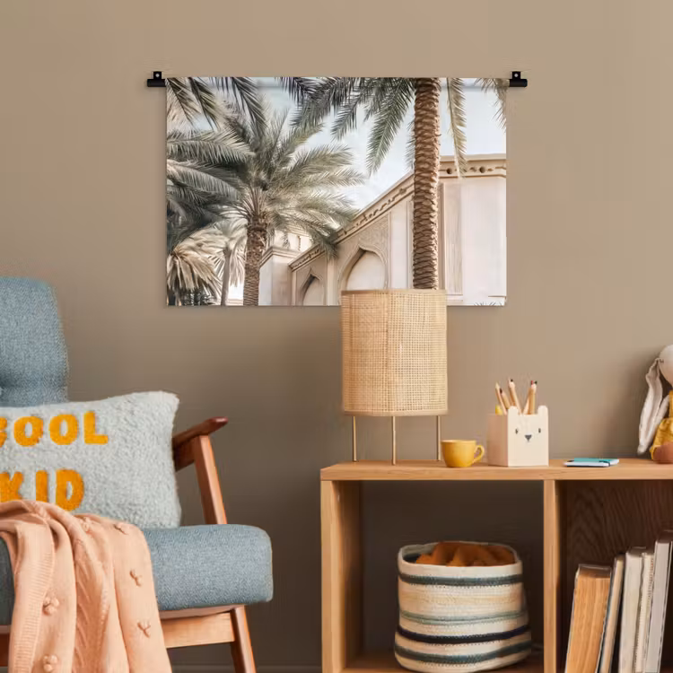 Gebouw - Palmbomen - Beige - Zon Wandkleed katoen klein -wsfeer4_kind