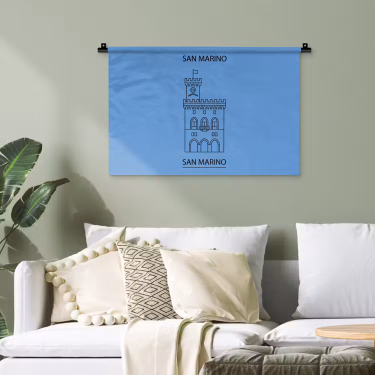 Gebouw - San Marino - Architectuur - Lijntekening - Blauw Wandkleed katoen klein -sfeer7