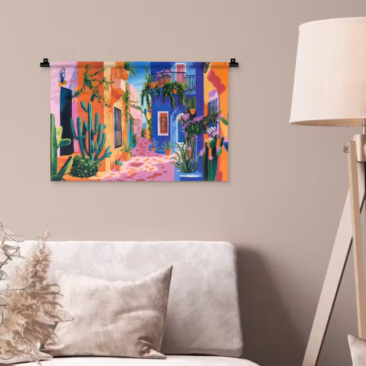 Geel - Blauw - Oranje - Huis Wandkleed katoen klein -sfeer4