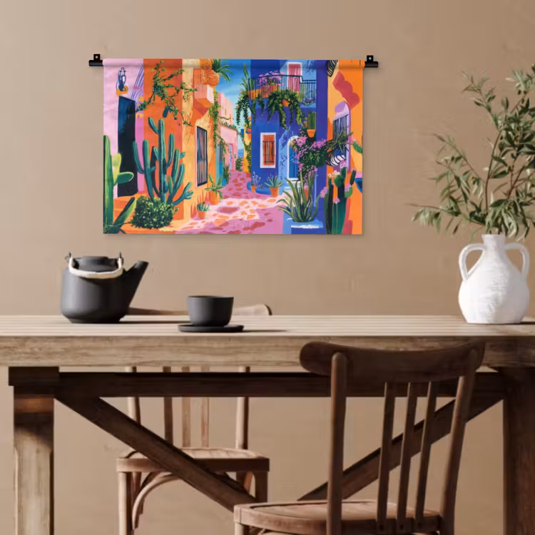 Geel - Blauw - Oranje - Huis Wandkleed katoen klein -sfeer6