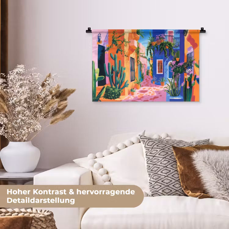 Geel - Blauw - Oranje - Huis Wandkleed katoen klein -tsfeer1_DE