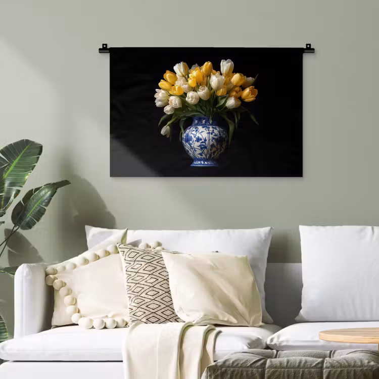 Geel - Tulpen - Vaas - Bloemen Wandkleed katoen klein -sfeer7