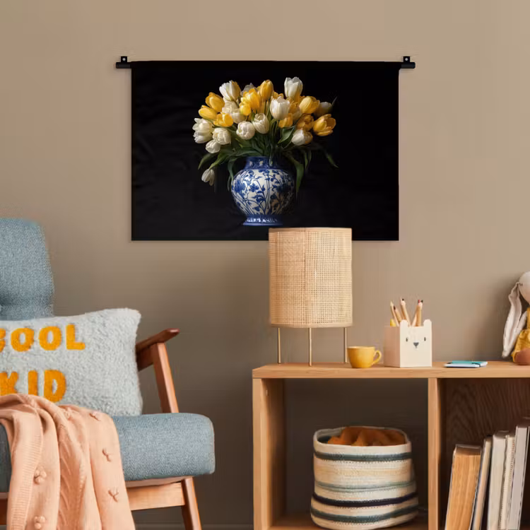 Geel - Tulpen - Vaas - Bloemen Wandkleed katoen klein -wsfeer4_kind