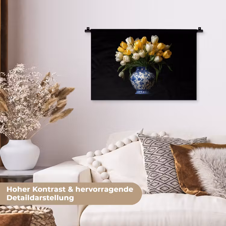 Geel - Tulpen - Vaas - Bloemen Wandkleed katoen klein -tsfeer1_DE