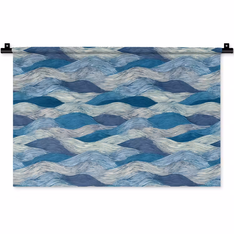 Getekend - Blauw - Wit - Golvend - Streepjes Wandkleed katoen klein 269 -zz3d