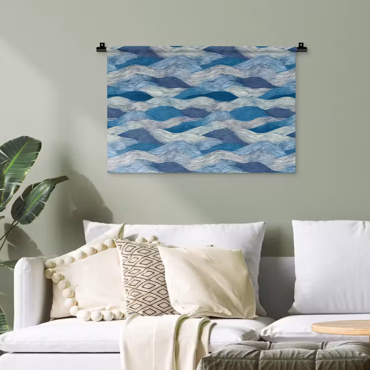 Getekend - Blauw - Wit - Golvend - Streepjes Wandkleed katoen klein 269 -sfeer7