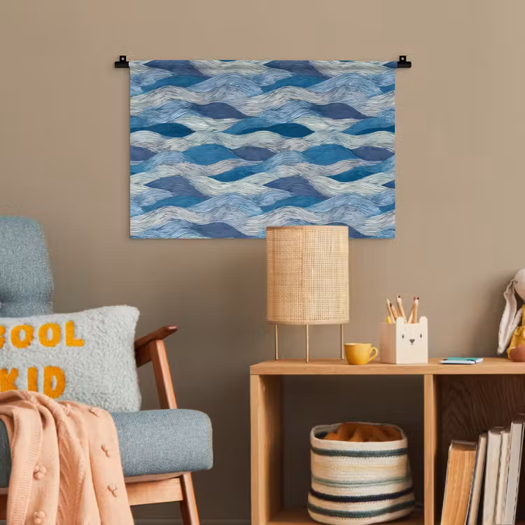 Getekend - Blauw - Wit - Golvend - Streepjes Wandkleed katoen klein 269 -wsfeer4_kind