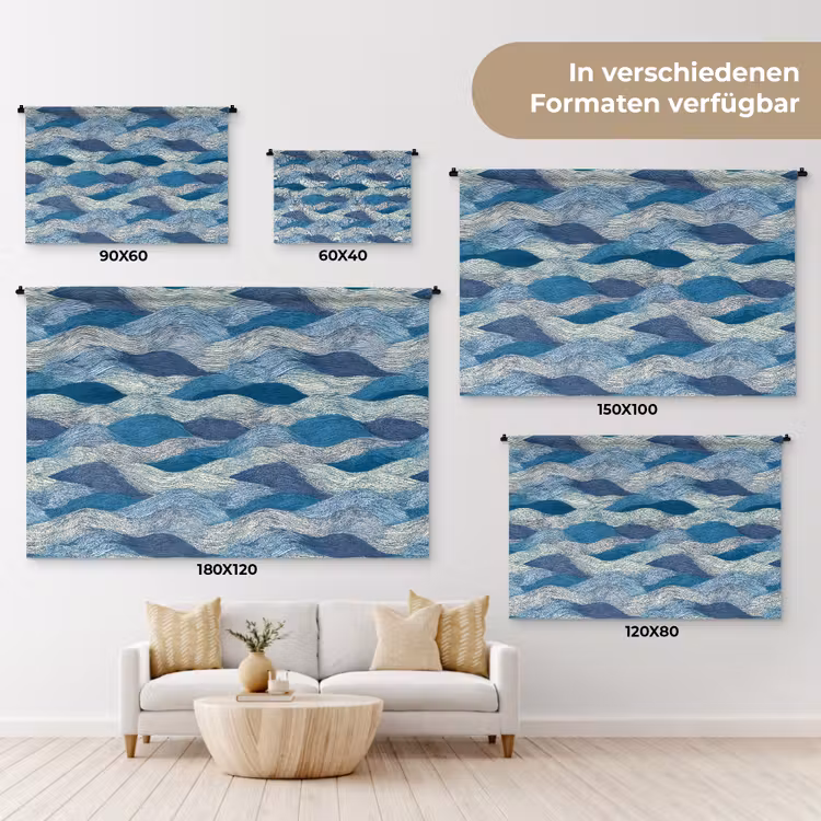 Getekend - Blauw - Wit - Golvend - Streepjes Wandkleed katoen klein 269 -tsfeer8_DE