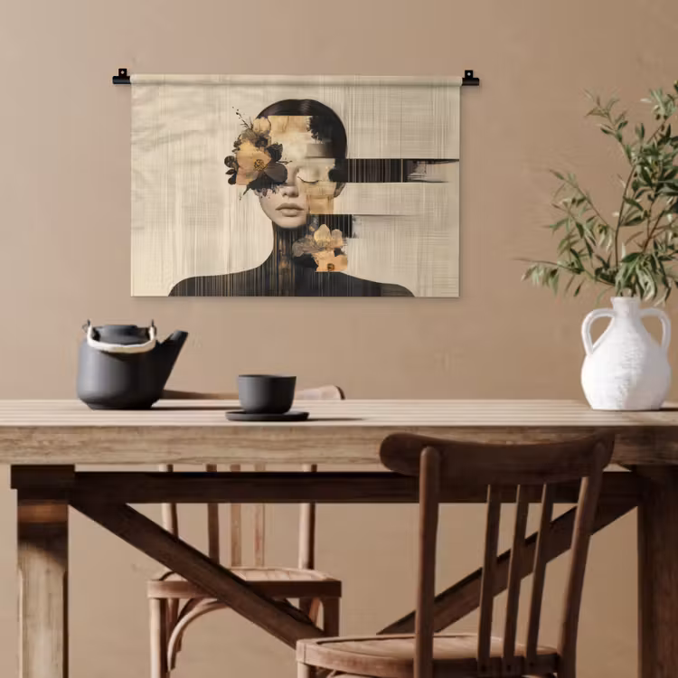 Gezicht - Bloemen - Zwart - Vrouw Wandkleed katoen klein -sfeer6