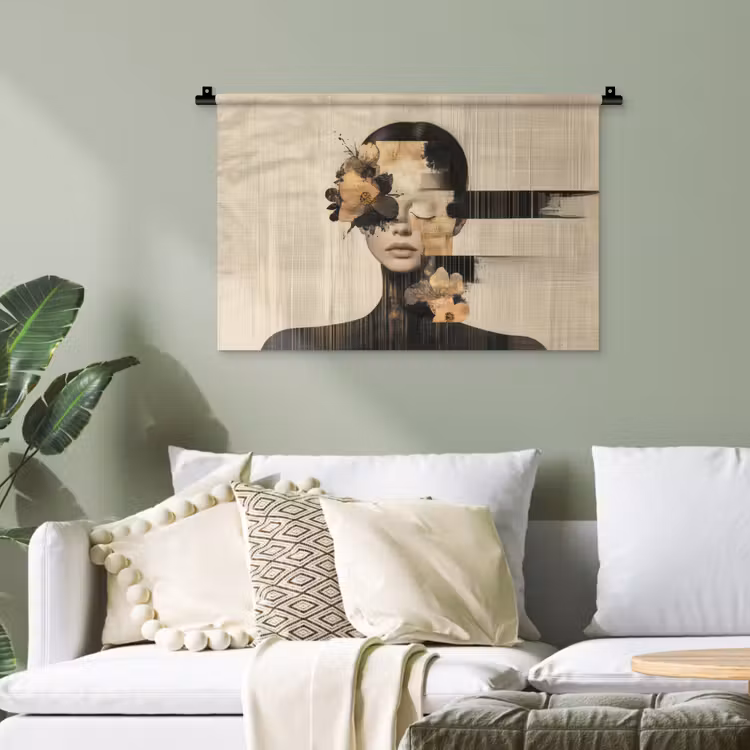 Gezicht - Bloemen - Zwart - Vrouw Wandkleed katoen klein -sfeer7
