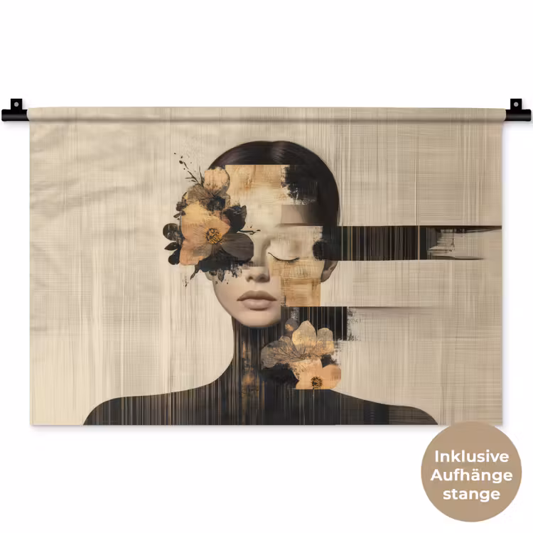 Gezicht - Bloemen - Zwart - Vrouw Wandkleed katoen klein -t3d_DE