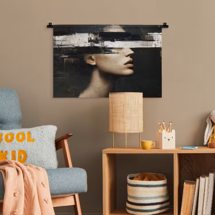 Gezicht - Vrouw - Zwart - Abstract Wandkleed katoen klein -wsfeer4_kind