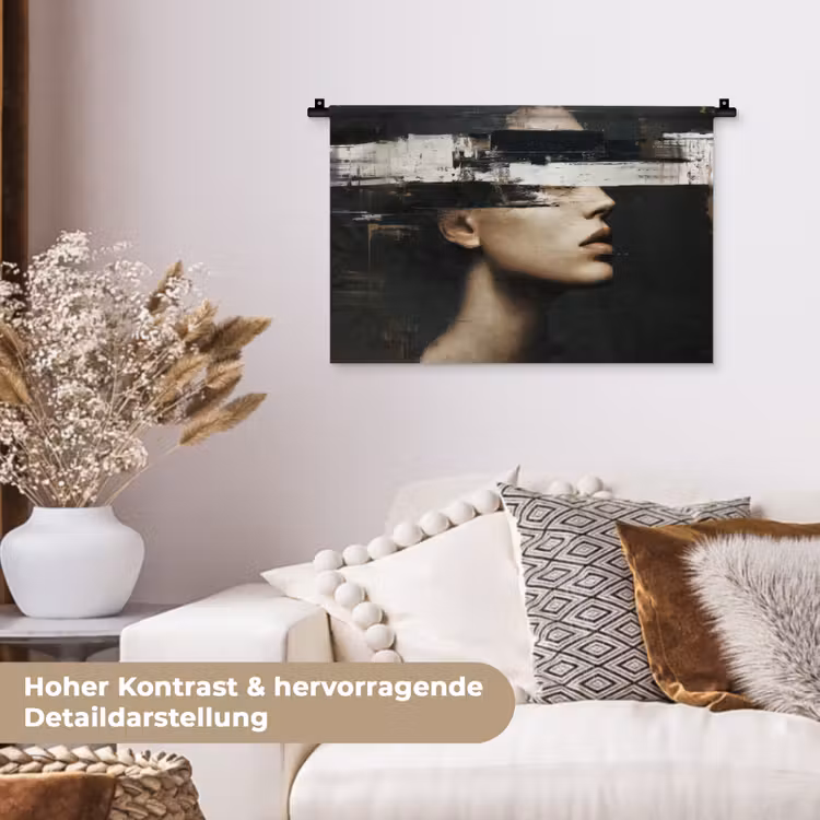 Gezicht - Vrouw - Zwart - Abstract Wandkleed katoen klein -tsfeer1_DE