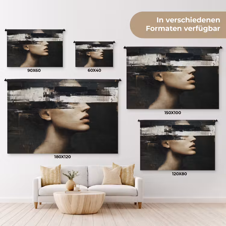 Gezicht - Vrouw - Zwart - Abstract Wandkleed katoen klein -tsfeer8_DE