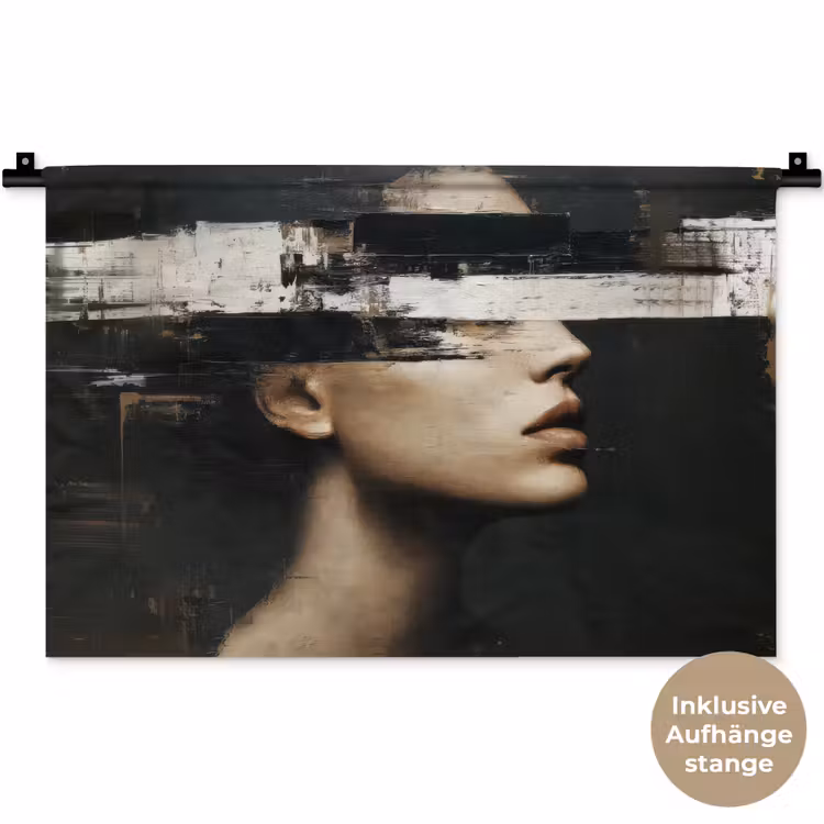 Gezicht - Vrouw - Zwart - Abstract Wandkleed katoen klein -t3d_DE