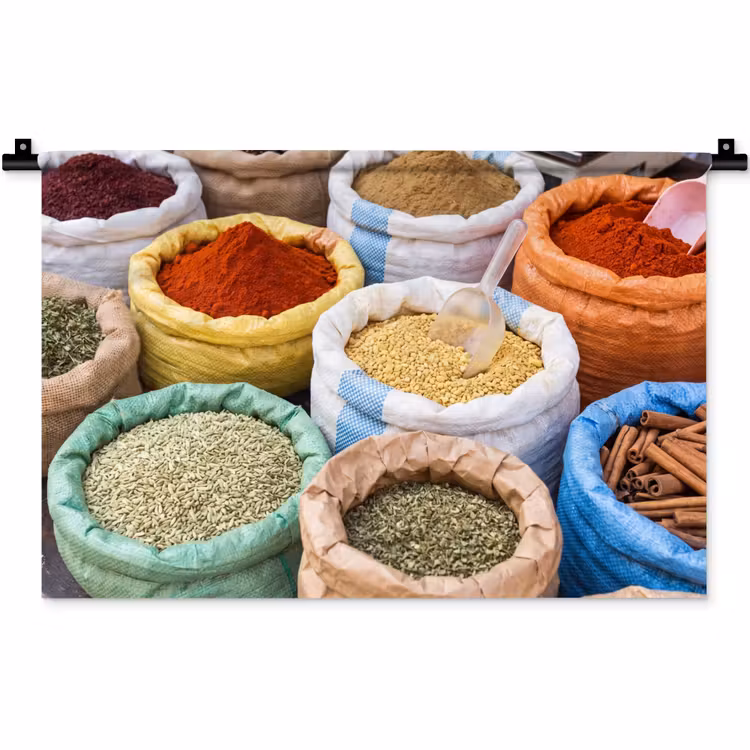 Wandteppich - Gewürze – Beutel – Markt - Kruiden - Zakken - Markt Wandkleed katoen klein