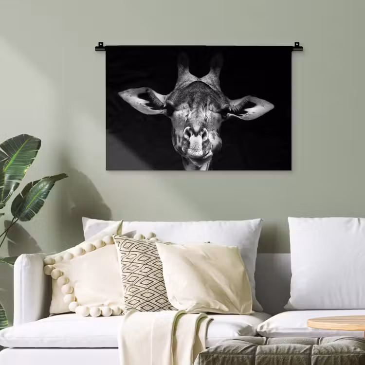 Giraffe - Portret - Dieren - Zwart - Wit Wandkleed katoen klein -sfeer7