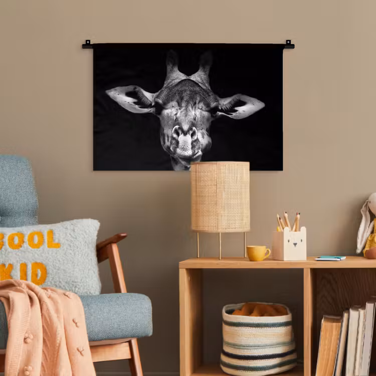 Giraffe - Portret - Dieren - Zwart - Wit Wandkleed katoen klein -wsfeer4_kind