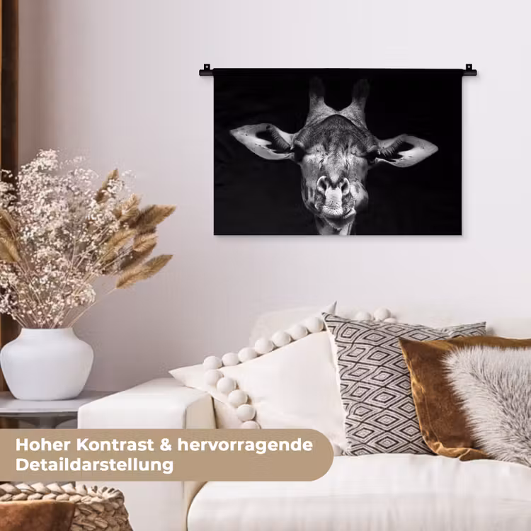 Giraffe - Portret - Dieren - Zwart - Wit Wandkleed katoen klein -tsfeer1_DE