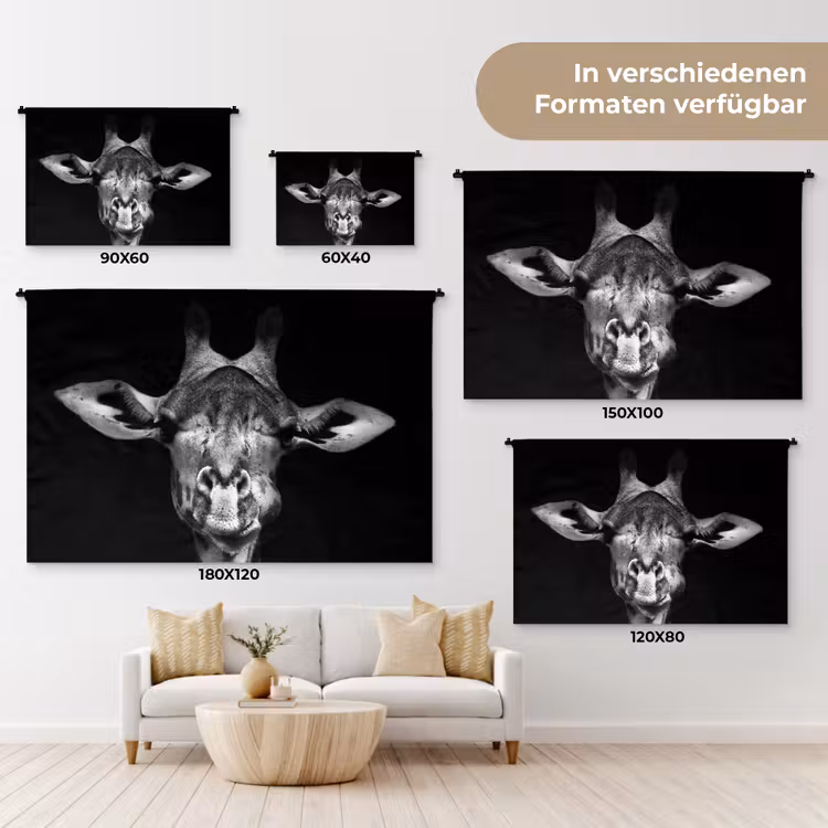 Giraffe - Portret - Dieren - Zwart - Wit Wandkleed katoen klein -tsfeer8_DE