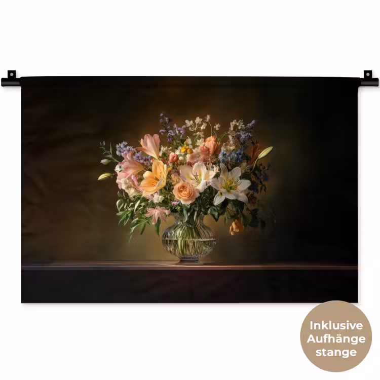 Glazen - Bloemen - Boeket - Kleuren Wandkleed katoen klein -t3d_DE