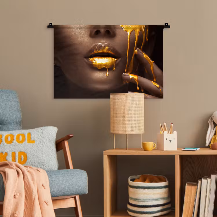 Goud - Vrouw - Verf - Lippen - Luxe Wandkleed katoen klein -wsfeer4_kind