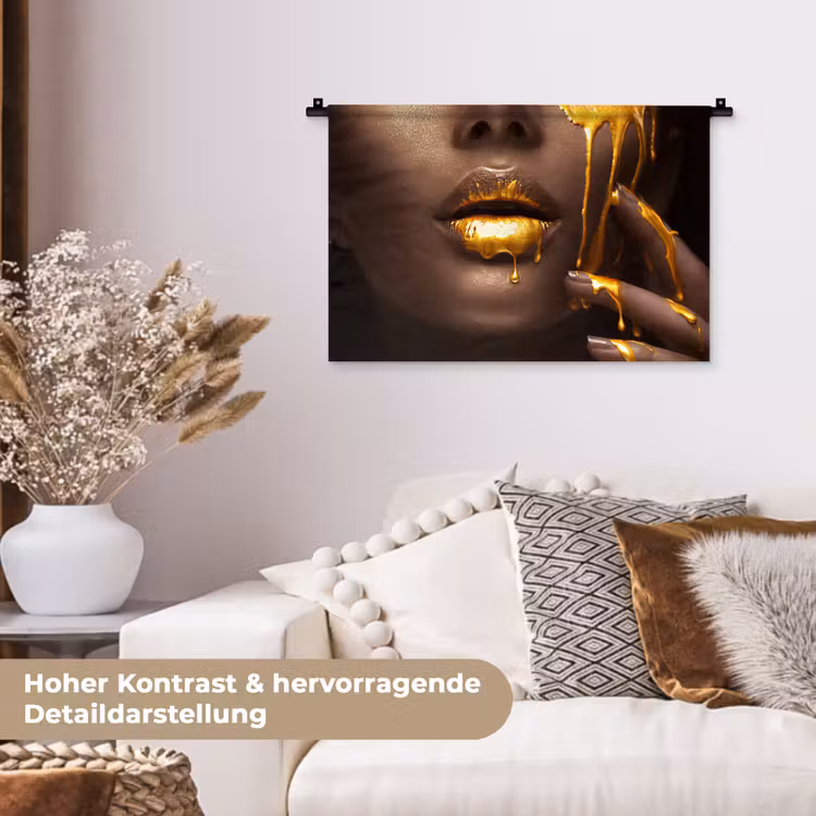 Goud - Vrouw - Verf - Lippen - Luxe Wandkleed katoen klein -tsfeer1_DE