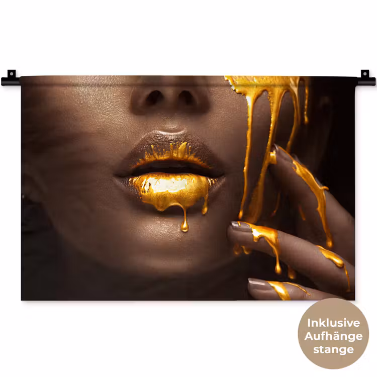 Goud - Vrouw - Verf - Lippen - Luxe Wandkleed katoen klein -t3d_DE