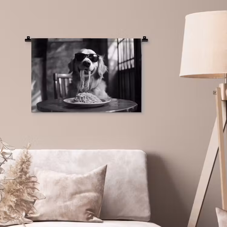 Golden Retriever - Hond - Vrolijk - Bord spaghetti - Zwart - wit Wandkleed katoen klein -sfeer4