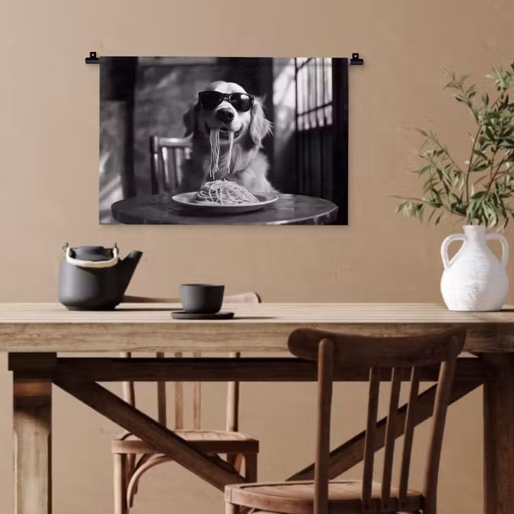 Golden Retriever - Hond - Vrolijk - Bord spaghetti - Zwart - wit Wandkleed katoen klein -sfeer6