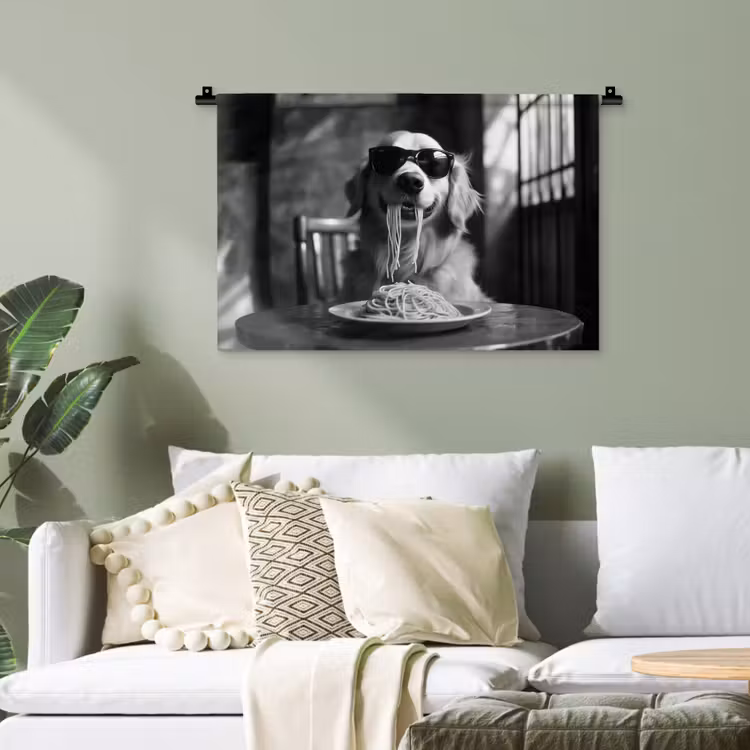 Golden Retriever - Hond - Vrolijk - Bord spaghetti - Zwart - wit Wandkleed katoen klein -sfeer7