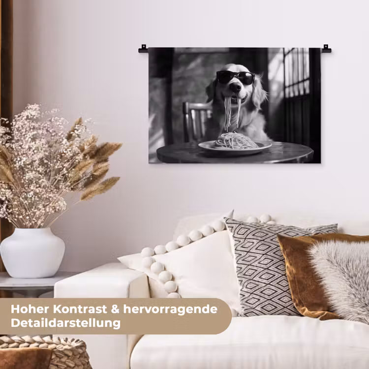 Golden Retriever - Hond - Vrolijk - Bord spaghetti - Zwart - wit Wandkleed katoen klein -tsfeer1_DE