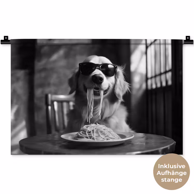 Golden Retriever - Hond - Vrolijk - Bord spaghetti - Zwart - wit Wandkleed katoen klein -t3d_DE