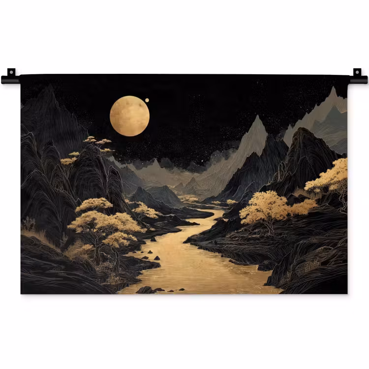 Gouden rivier - Bergen - Maan - Sterrenhemel Wandkleed katoen klein -zz3d