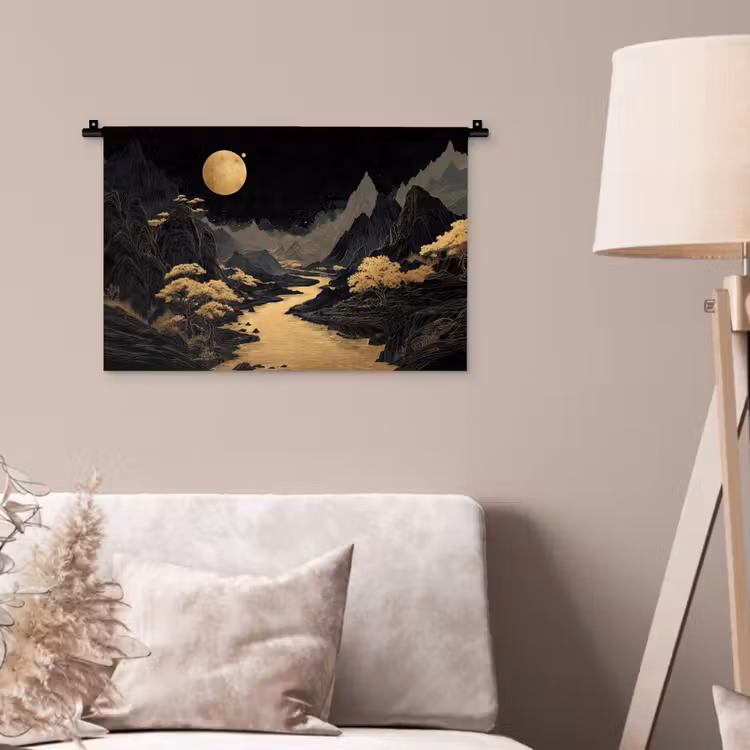 Gouden rivier - Bergen - Maan - Sterrenhemel Wandkleed katoen klein -sfeer4