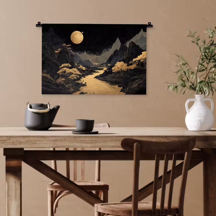 Gouden rivier - Bergen - Maan - Sterrenhemel Wandkleed katoen klein -sfeer6