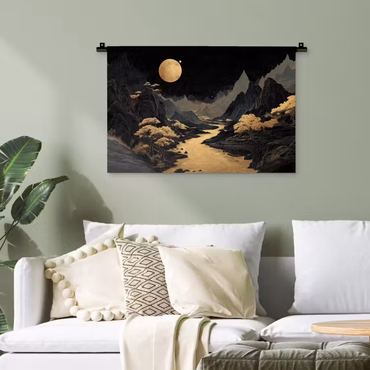 Gouden rivier - Bergen - Maan - Sterrenhemel Wandkleed katoen klein -sfeer7