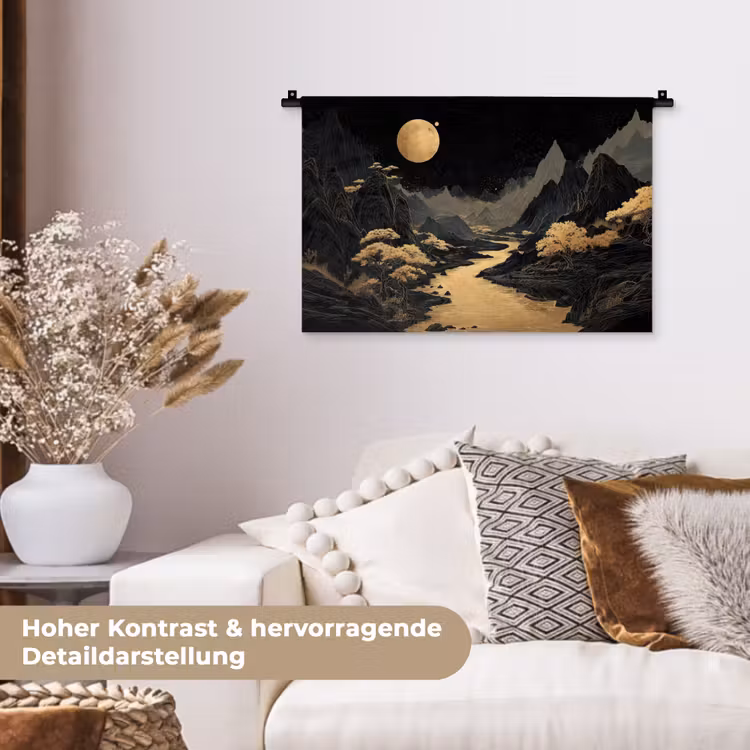 Gouden rivier - Bergen - Maan - Sterrenhemel Wandkleed katoen klein -tsfeer1_DE