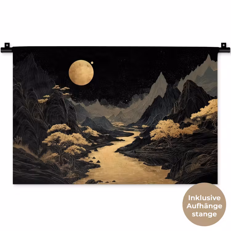 Gouden rivier - Bergen - Maan - Sterrenhemel Wandkleed katoen klein -t3d_DE