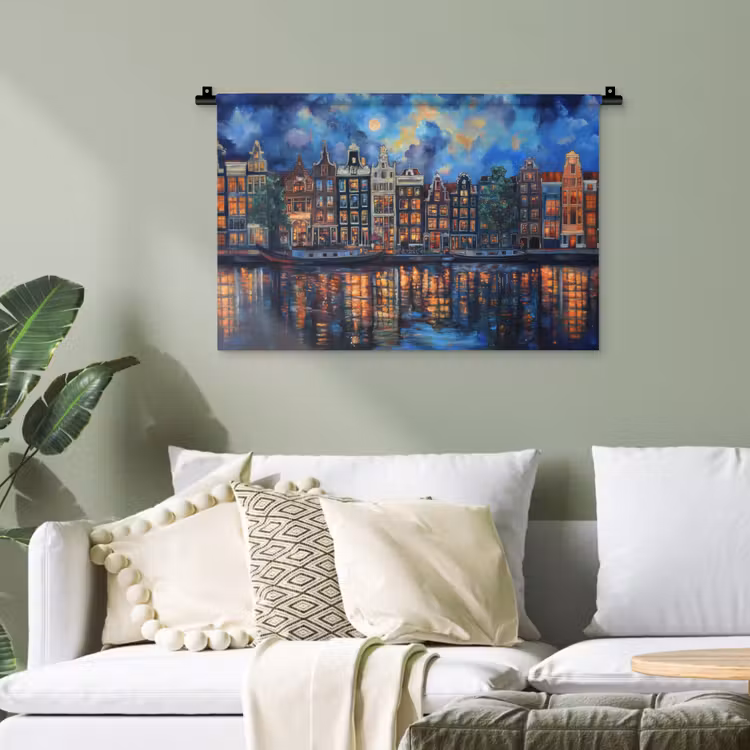 Grachten Amsterdam - Huizen - Stad - Kleurrijk Wandkleed katoen klein -sfeer7