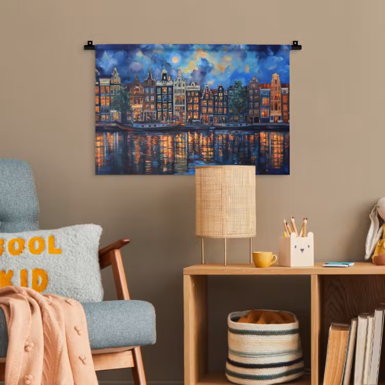 Grachten Amsterdam - Huizen - Stad - Kleurrijk Wandkleed katoen klein -wsfeer4_kind
