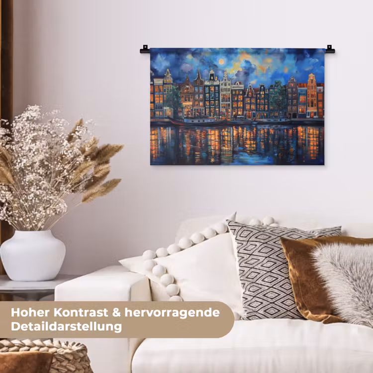 Grachten Amsterdam - Huizen - Stad - Kleurrijk Wandkleed katoen klein -tsfeer1_DE
