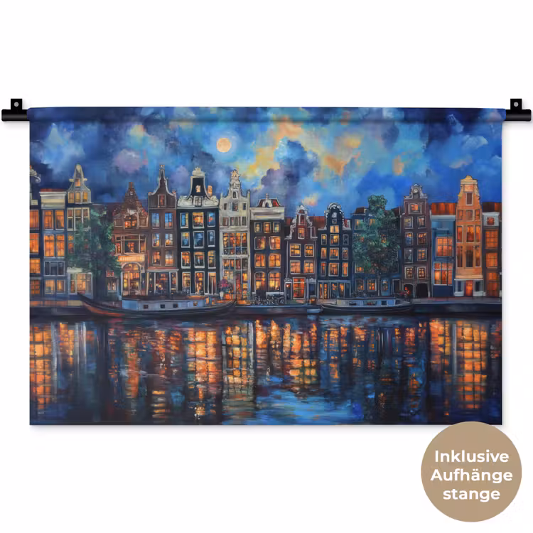 Grachten Amsterdam - Huizen - Stad - Kleurrijk Wandkleed katoen klein -t3d_DE