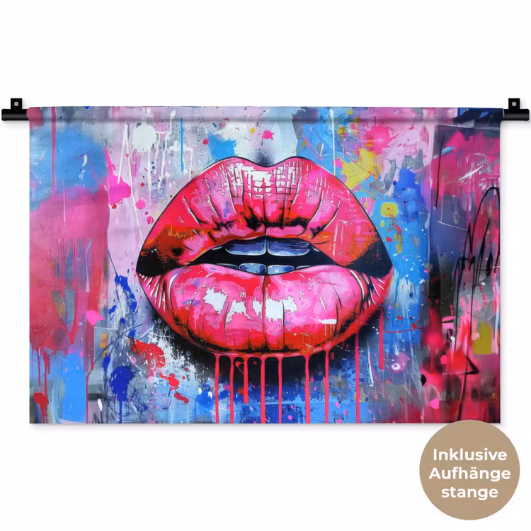 Graffiti - Lippen - Felroze - Geschilderd Wandkleed katoen klein -t3d_DE