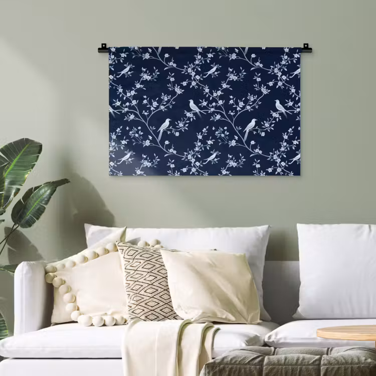Grafisch - Bloesemtak - Blauw Wandkleed katoen klein 269 -sfeer7