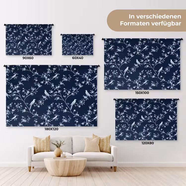 Grafisch - Bloesemtak - Blauw Wandkleed katoen klein 269 -tsfeer8_DE