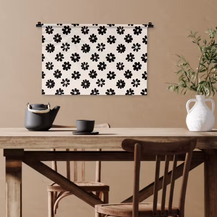 Grafisch - Madeliefjes - Zwart - Beige Wandkleed katoen klein 269 -sfeer6