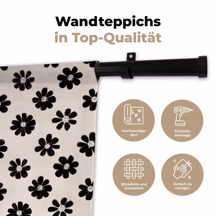 Grafisch - Madeliefjes - Zwart - Beige Wandkleed katoen klein 269 -tsfeer2_DE