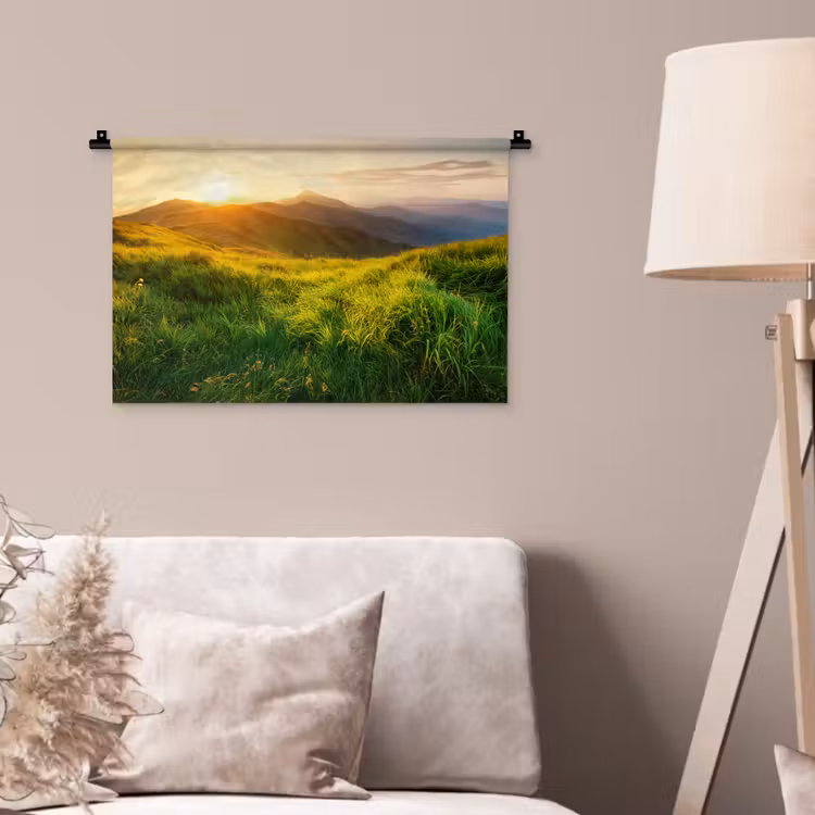Gras - Heuvels - Zon - Natuur - Landschap Wandkleed katoen klein -sfeer4